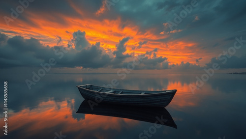 A serene boat rests on reflective water beneath a vibrant sunset sky filled with dramatic clouds created with generated ai