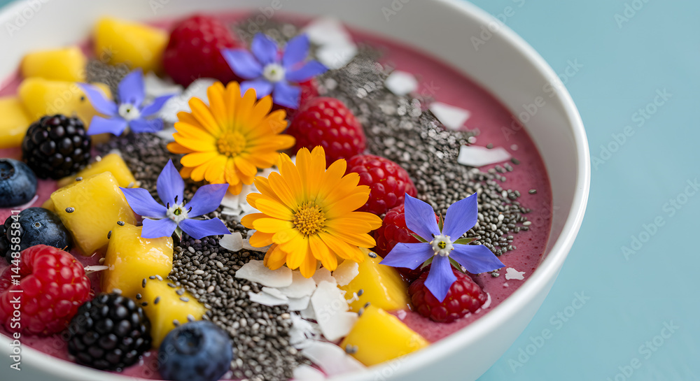 Colorful and healthy smoothie bowl filled with fresh fruits, chia seeds, and flowers, ready to eat. Colorful and healthy smoothie bowl filled with fresh fruits, chia seeds, and flowers, ready to eat.