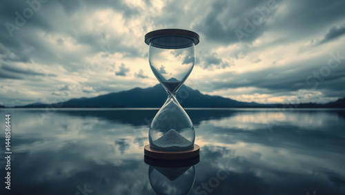 Hourglass with sand against a serene lake and mountain backdrop under a cloudy sky landscape created with generated ai
