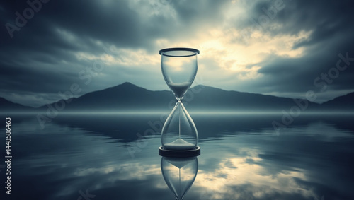 Hourglass with sand on water surface with mountain background under cloudy sky in a serene landscape created with generated ai