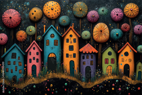 Stylized cartoon house in bright colors, fairytale city. 3d render cartoon city stylized illustration art picture. Children's drawing of the city, print for clothes and wallpaper, poster.