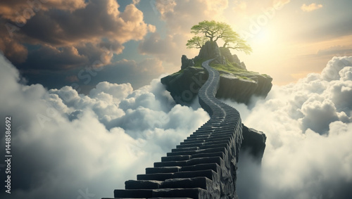 A stairway to heaven leading to a floating island with a tree in a cloudy sky landscape view created with generated ai