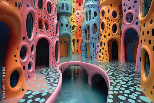 Stylized cartoon house in bright colors, fairytale city. 3d render cartoon city stylized illustration art picture. Children's drawing of the city, print for clothes and wallpaper, poster.