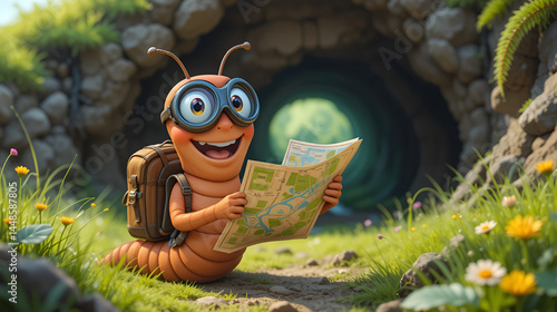 A cheerful, anthropomorphic cartoon worm with goggles and a backpack, enthusiastically holding a map, prepares for an exciting underground adventure in a bright green meadow.