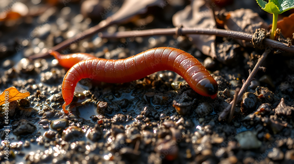 Vibrant macro shot of a wriggling earthworm on damp soil, its segmented body glistening with dew, surrounded by decaying leaves and twigs in morning light. Vibrant macro shot of a wriggling earthworm on damp soil, its segmented body glistening with dew, surrounded by decaying leaves and twigs in morning light.
