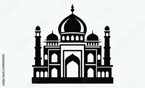 taj mahal silhouette, black and white, indian monument vector, famous landmark illustration, simple architectural design
