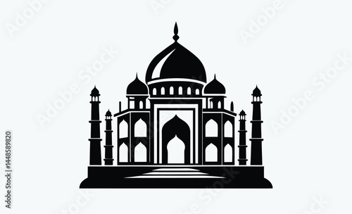 taj mahal silhouette, black and white, indian monument vector, famous landmark illustration, simple architectural design