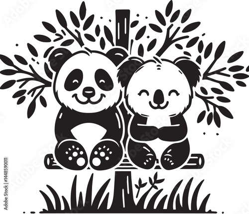 Cute Panda Family Embraces in Bamboo Forest. This black and white illustration showcases two adorable panda bears embracing, nestled beside a bamboo stalk.