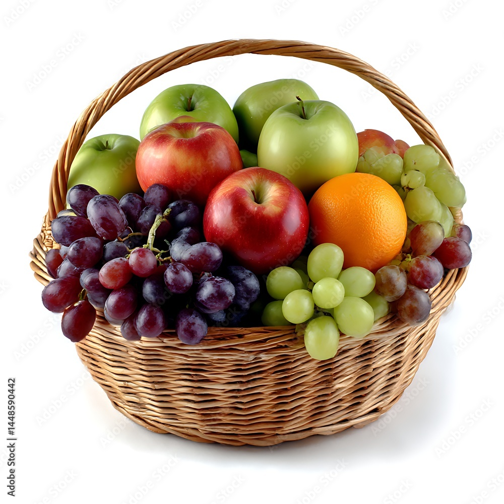 A woven basket is filled with various fruits. Green and red apples are visible, along with bunches of purple and green grapes. An orange-colored fruit is nestled among the others A woven basket is filled with various fruits. Green and red apples are visible, along with bunches of purple and green grapes. An orange-colored fruit is nestled among the others