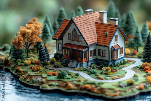 3D model of a cottage house. House design, country house. Two-storey cottage 3D model project. Sale and purchase of real estate, rent, real estate agency. Construction and design of houses.