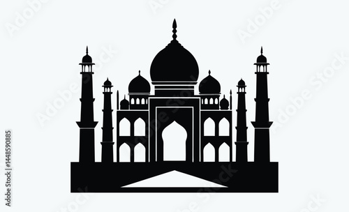 taj mahal silhouette, black and white, indian monument vector, famous landmark illustration, simple architectural design