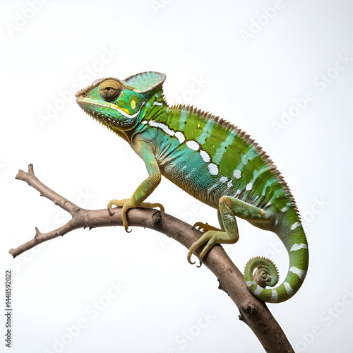 Full body side view of a chameleon sitting on a branch against a studio white background