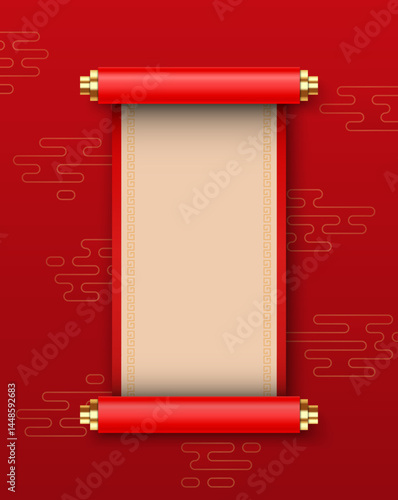 3D Chinese scroll, banner kit, red vector festive royal asian game UI traditional design element. Luxury celebration China background, spring floral print, silk banner. vector illustration