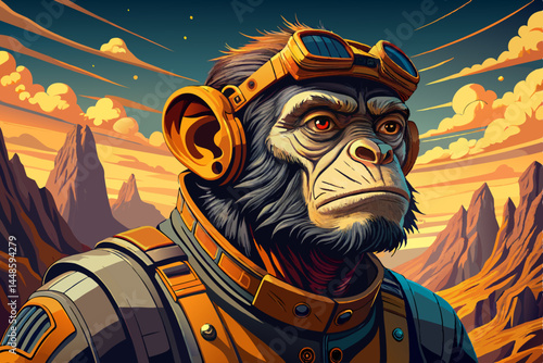 Monkey astronaut exploring the surface of Mars, wearing a space suit and surrounded by red rocky terrain and alien landscapes, perfect for sci-fi
