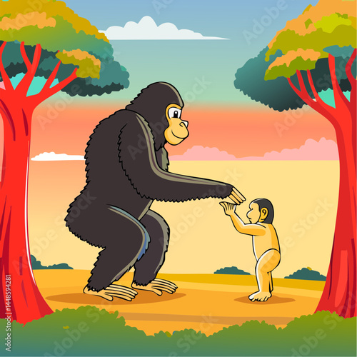  A poignant vector illustration of a gorilla mother handing her baby to a visitor