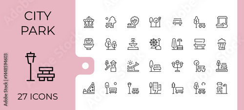 City Park simple icon set. Minimalist linear icons. Includes symbols for park, infrastructure, house, playground, city. Editable vector. Infrastructure icon set.