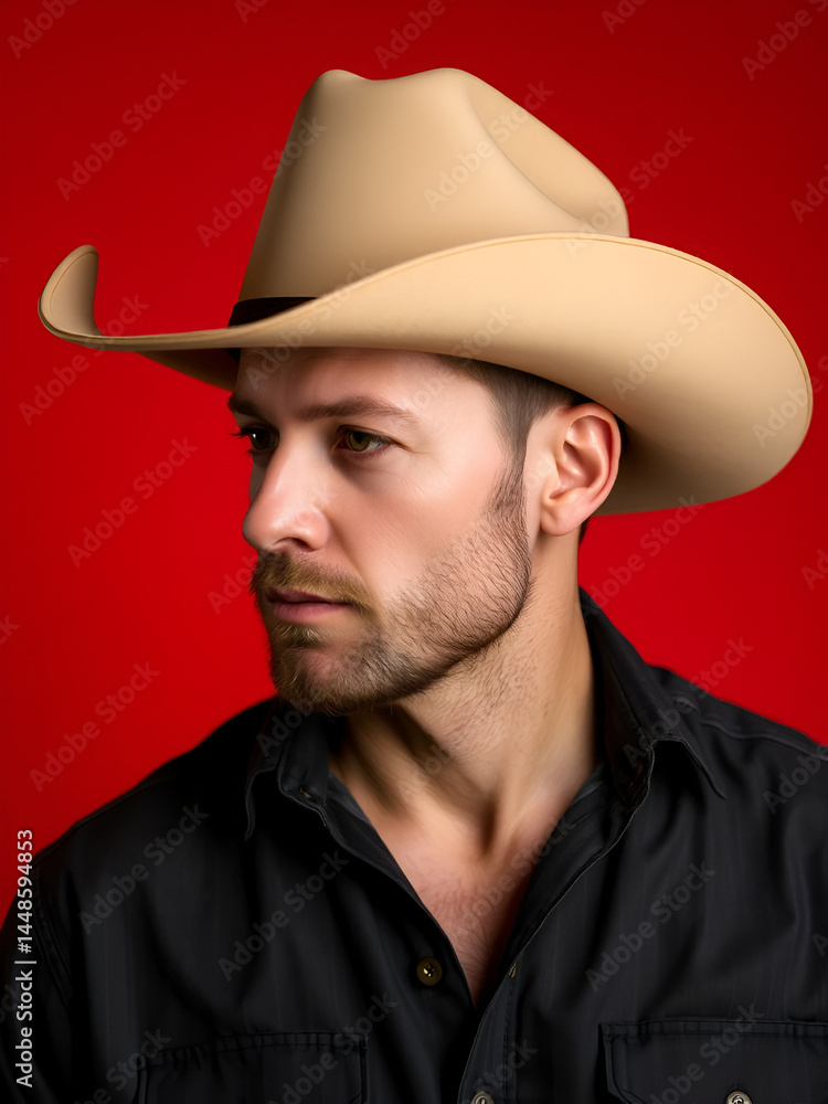 A man in a cowboy hat against a red background A man in a cowboy hat against a red background