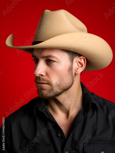 A man in a cowboy hat against a red background