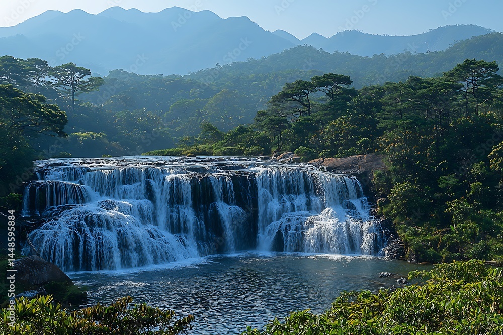 Fototapeta premium A cascading waterfall plunges down rocky cliffs into a serene pool surrounded by lush greenery and misty mountains