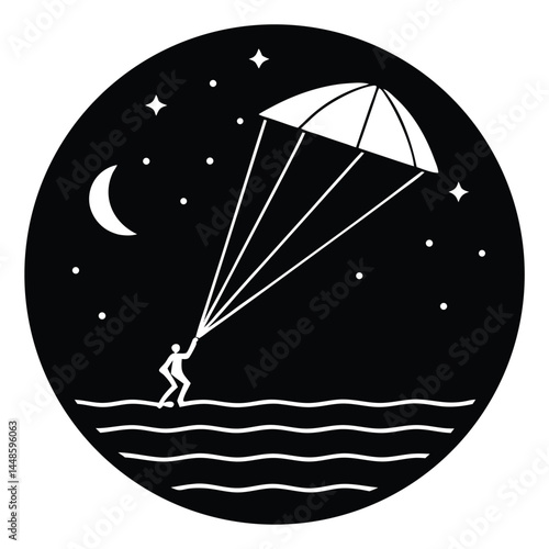 Nighttime Kiteboarding Silhouette of a Person Kite Surfing Under the Stars