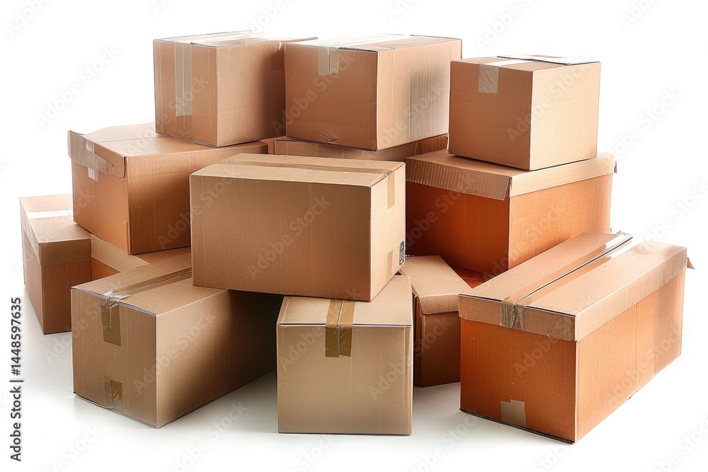 A pile of cardboard boxes stacked together against white backdrop A pile of cardboard boxes stacked together against white backdrop