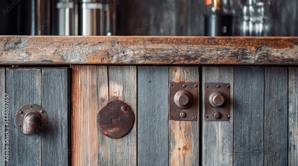 Rustic wooden bar counter with metal accents and hardware. Rustic wooden bar counter with metal accents and hardware.
