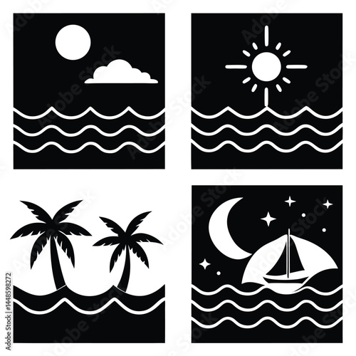 Simple Ocean and Beach Icons Sun, Moon, Waves, Palm Trees - Minimalist Design Set