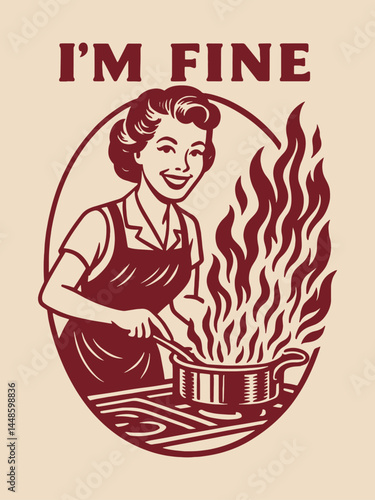 Retro woman cooking fire humor engraving style