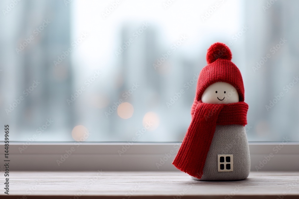 Fototapeta premium A model of a house wearing a knitted cap represents the concept of a heating system in winter with cold snowy weather