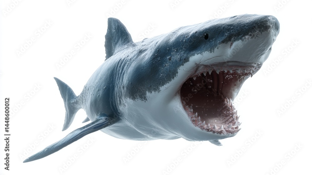 Fototapeta premium The image shows a white shark, a big marine predator, with its mouth wide open, created using 3D rendering