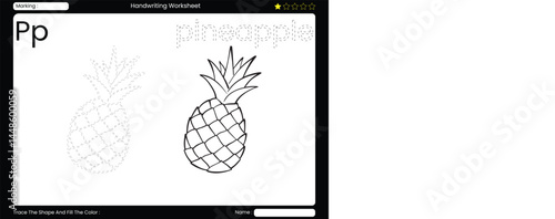  Trace Letter P. Delicious Pineapple Coloring Page for Kids. Printable Vocabulary Builder. Educational Vector Worksheet
