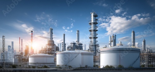 The clean H2 energy concept, as imagined by Stock, is depicted in a wide-angle photo of a hydrogen power plant with large steel tanks and pipes