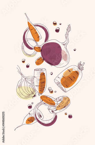 Sketch of pieces of vegetables painted with spots.
