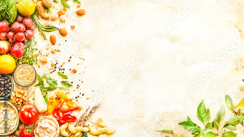 Balanced diet background with grains, veggies, proteins, nuts, fruits