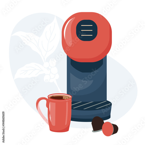 Drip coffee machine with cup of americano. Capsule espresso maker. Design element of brewing hot drinks device with portafilter, capsules and cup. Flat vector illustration isolated on white background