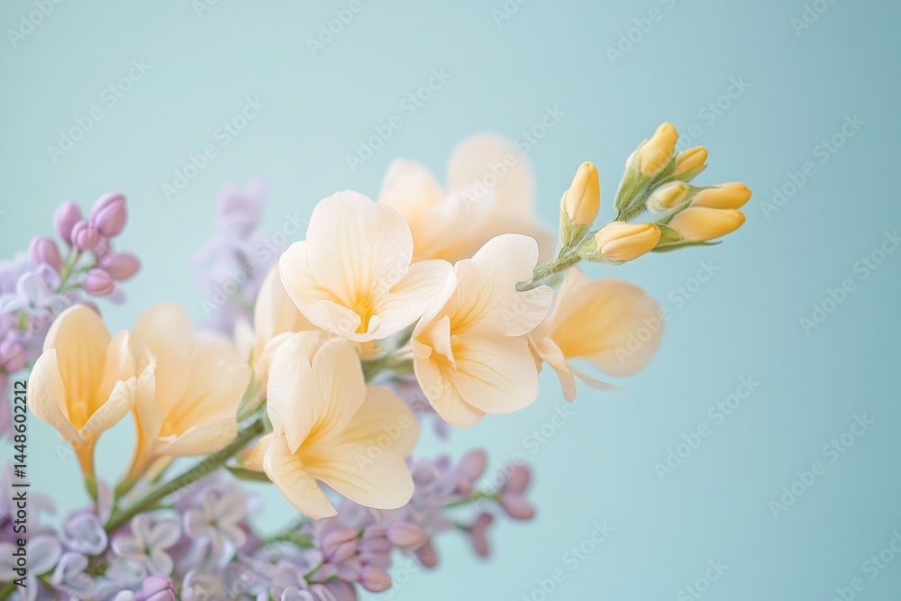 Obraz premium Delicate pastel flowers in soft light, close-up view.
