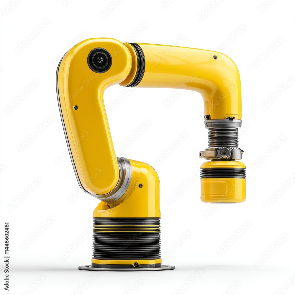 A sleek yellow robotic arm with a modern design, isolated on a white background. A sleek yellow robotic arm with a modern design, isolated on a white background.