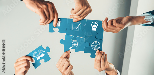 Obraz na płótnie Top view panorama banner of business team assembling jigsaw puzzle over table symbolize business partnership and collective teamwork for HR recruitment and job seeker background. Shrewd Amity w salonie