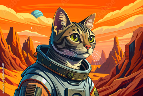 Cat astronaut exploring the surface of Mars, wearing a space suit and surrounded by red rocky terrain and alien landscapes, perfect for sci-fi