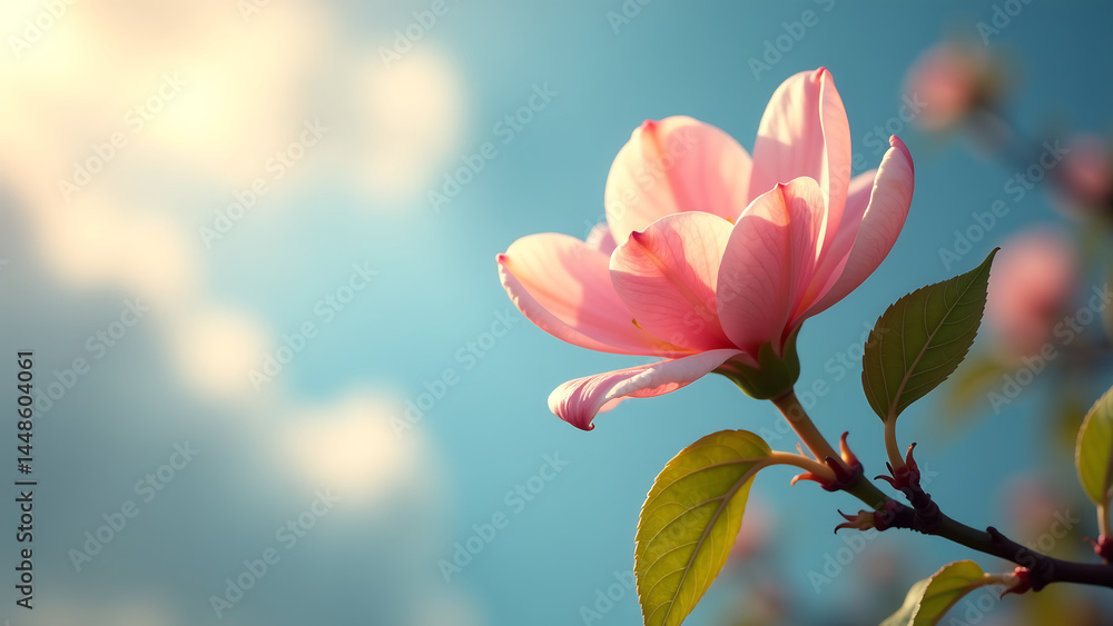 Fototapeta premium delicate apricot blossom unfurls petals soft serene blue sky dawn morning light casts warm glow gentle shadows