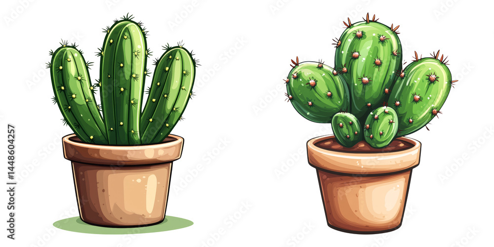Cute cactus plants in brown pots isolated on transparent PNG image perfect for home decor illustrations or botanical product mockups Cute cactus plants in brown pots isolated on transparent PNG image perfect for home decor illustrations or botanical product mockups