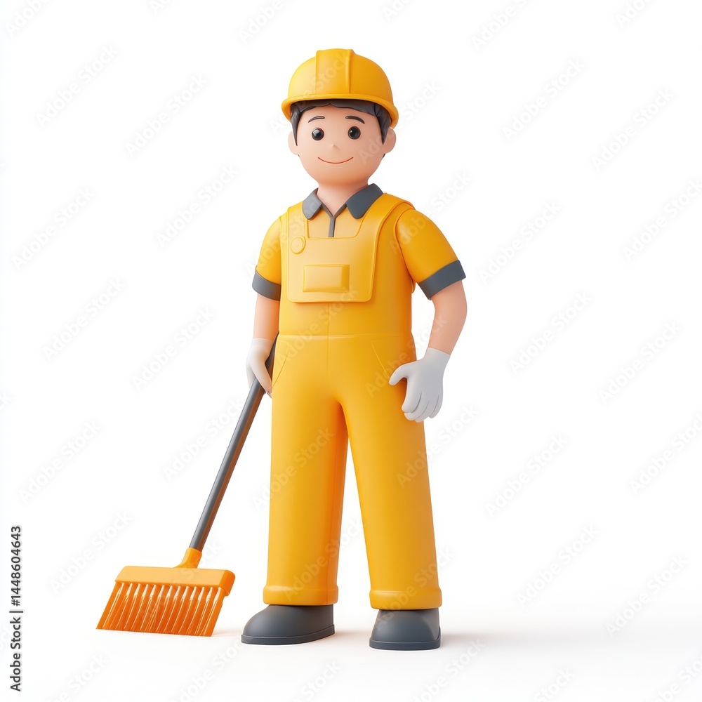 Cheerful cartoon worker with a broom stands ready. Cheerful cartoon worker with a broom stands ready.