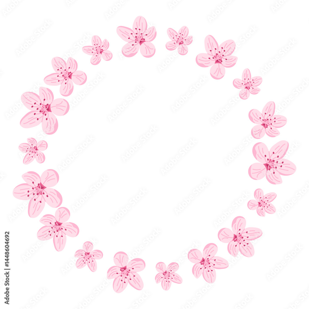 Naklejka premium Round floral frame with delicate pink cherry blossoms arranged in a soft circular wreath. Represents spring, tenderness and romantic elegance with space for text in the center