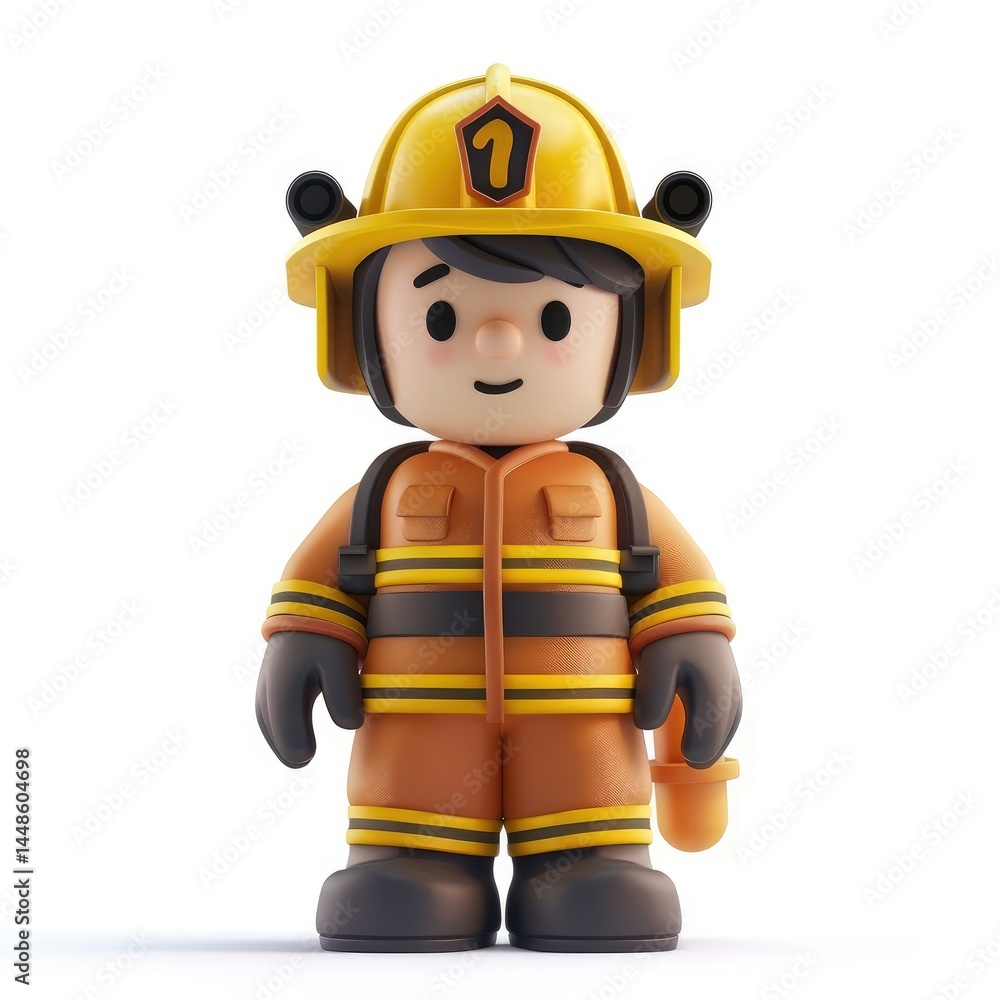 Smiling cartoon fireman figure stands proudly. Smiling cartoon fireman figure stands proudly.