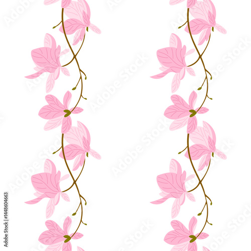 Seamless vertical border pattern with pink magnolia flowers and curved branches. Symbol of elegance, springtime renewal and natural beauty in a delicate floral arrangement