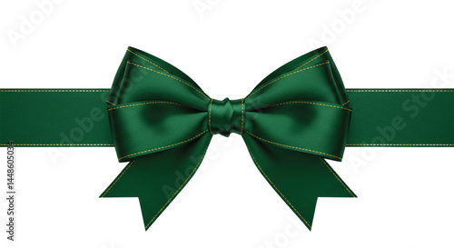 Emerald Green Satin Ribbon Bow with Gold Stitching on a Black Background for Gifts