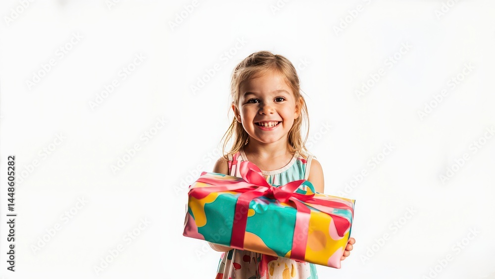 Happy child with a gift in his hands. Holidays Birthday, Mother's Day, New Year, Christmas, Thanksgiving, Children's Day. Giving a gift. Receiving a gift. Surprise. Happy child with a gift in his hands. Holidays Birthday, Mother's Day, New Year, Christmas, Thanksgiving, Children's Day. Giving a gift. Receiving a gift. Surprise.