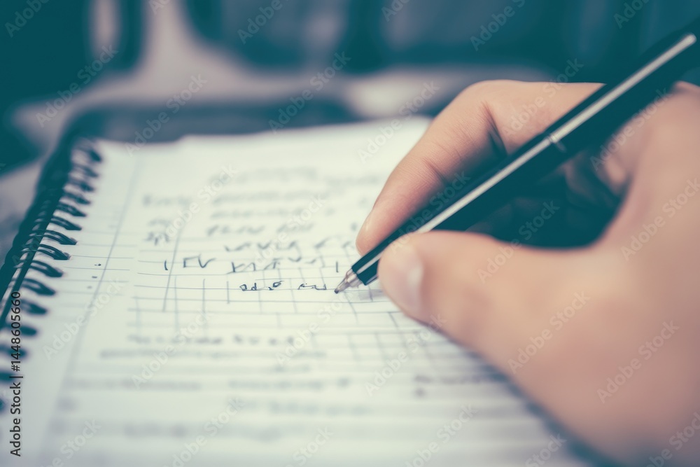 A person uses a pen to write on a spiral notebook