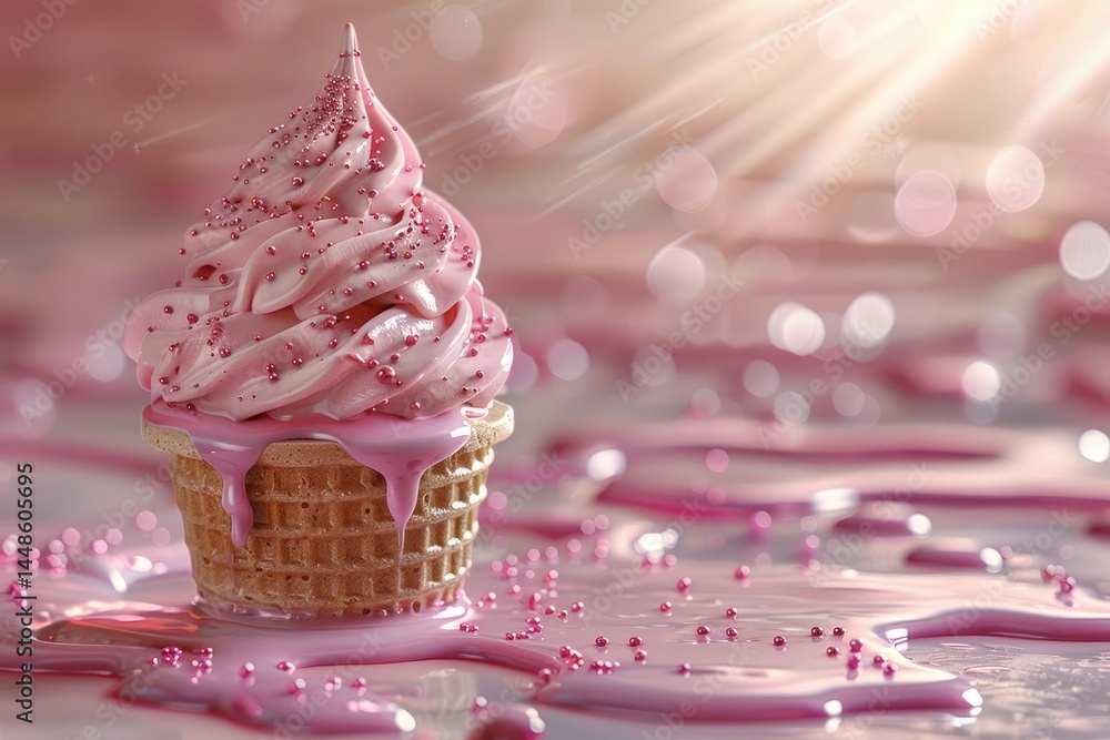 A pink ice cream cone is melting on a shiny surface