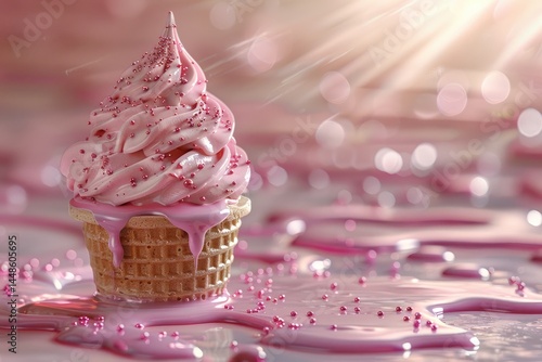 Obraz na płótnie A pink ice cream cone is melting on a shiny surface w salonie